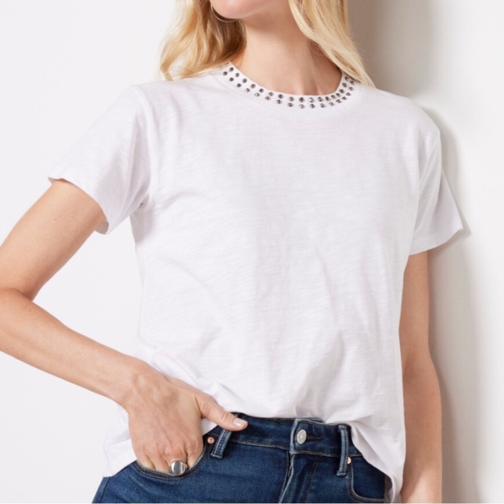 LNA Ever Eve White Studded Neckline Slub Cotton T Shirt XS
